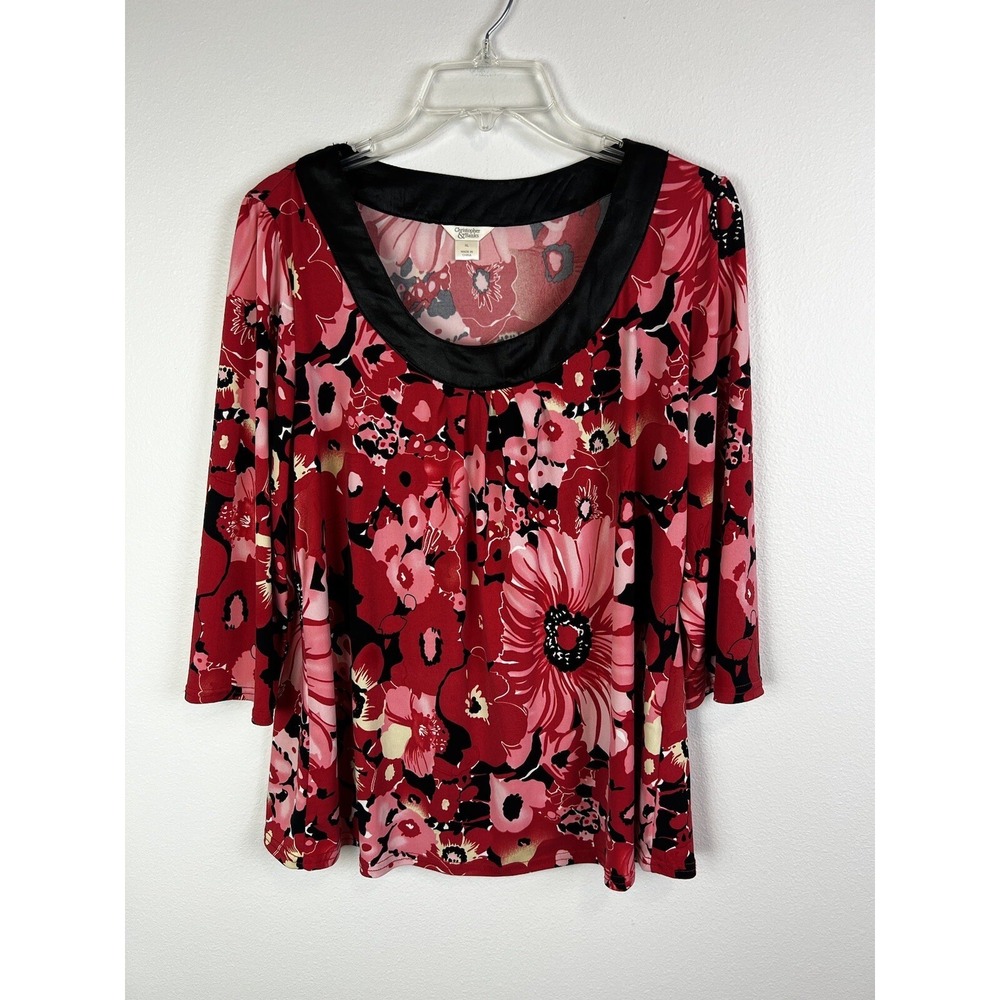 Christopher & Banks Size XL 3/4 Sleeve top Pink Floral Black Trim